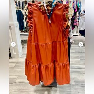 THML Faux Leather Tiered Ruffle Dress – Size L – Terracotta Red